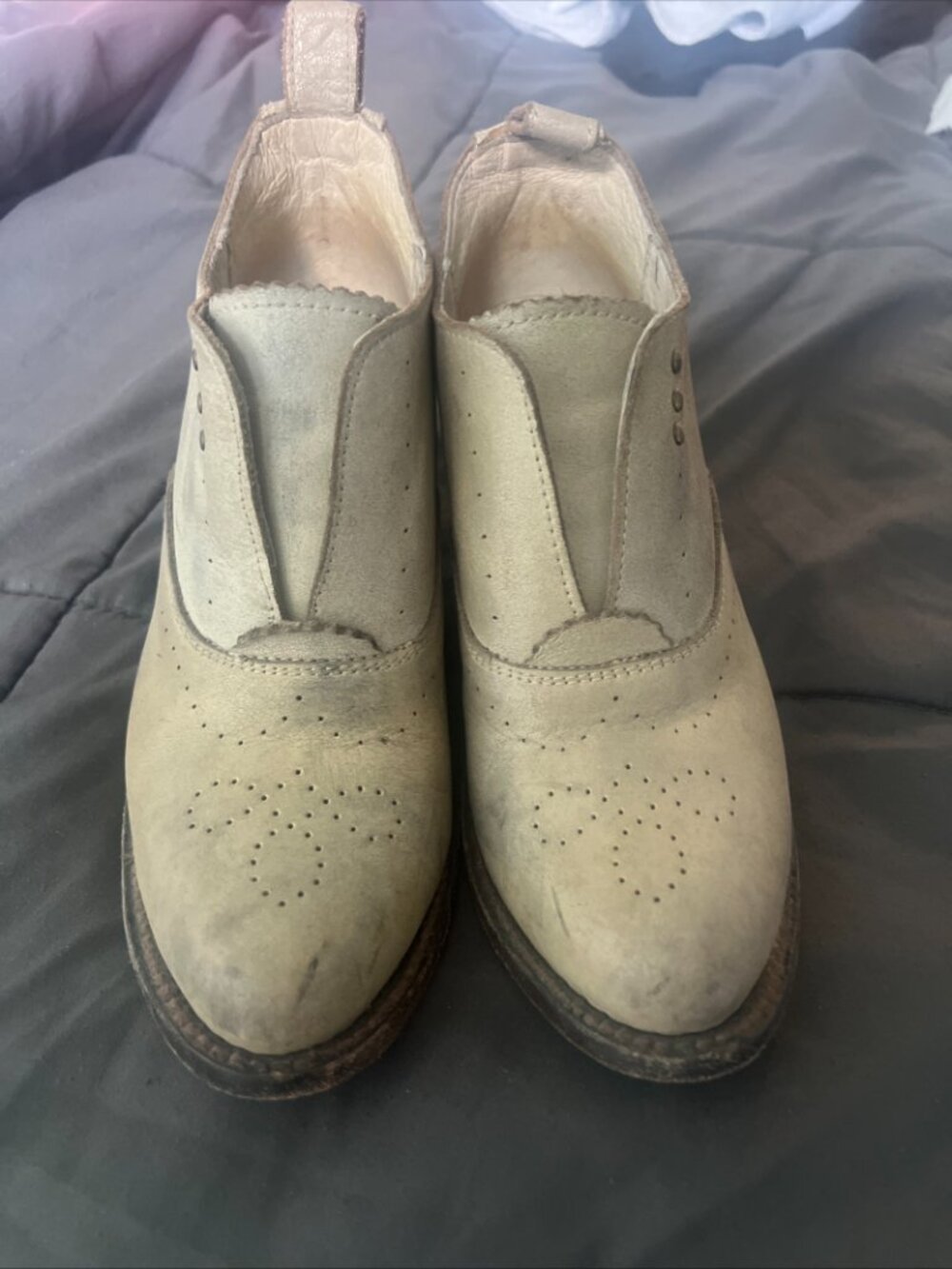 Freebird by Steven Sadie Ice Grey Leather Brogue Oxford Block Heel Booties Size8